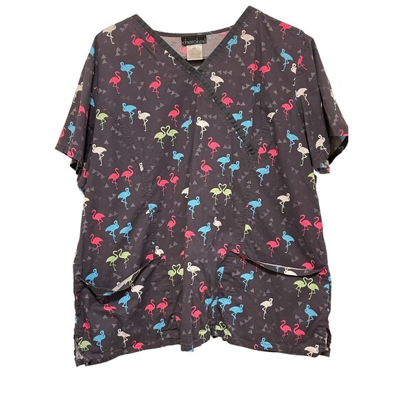 Cherokee 2XL Gray Flamingo Print Womens Scrub Top With Pockets - Picture 2 of 4